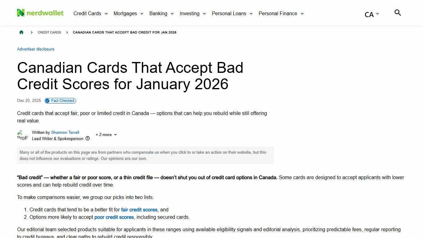 Canadian Cards That Accept Bad Credit for Jan 2026 - NerdWallet Canada