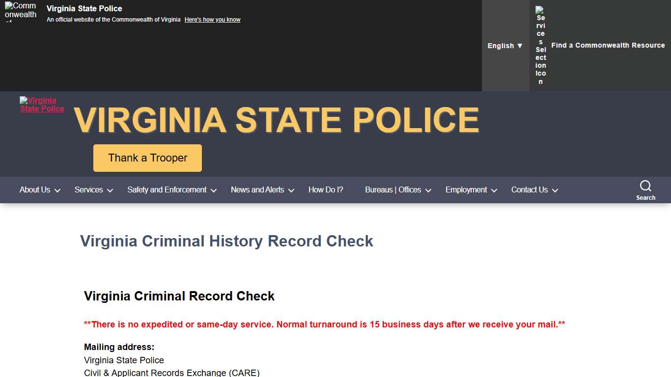 Virginia Criminal History Record Check – Virginia State Police