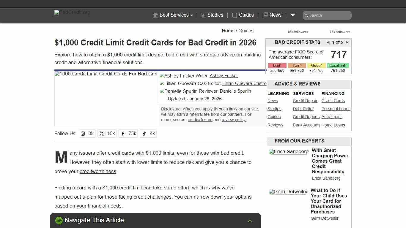 $1,000 Credit Limit Credit Cards for Bad Credit in 2026 - BadCredit.org