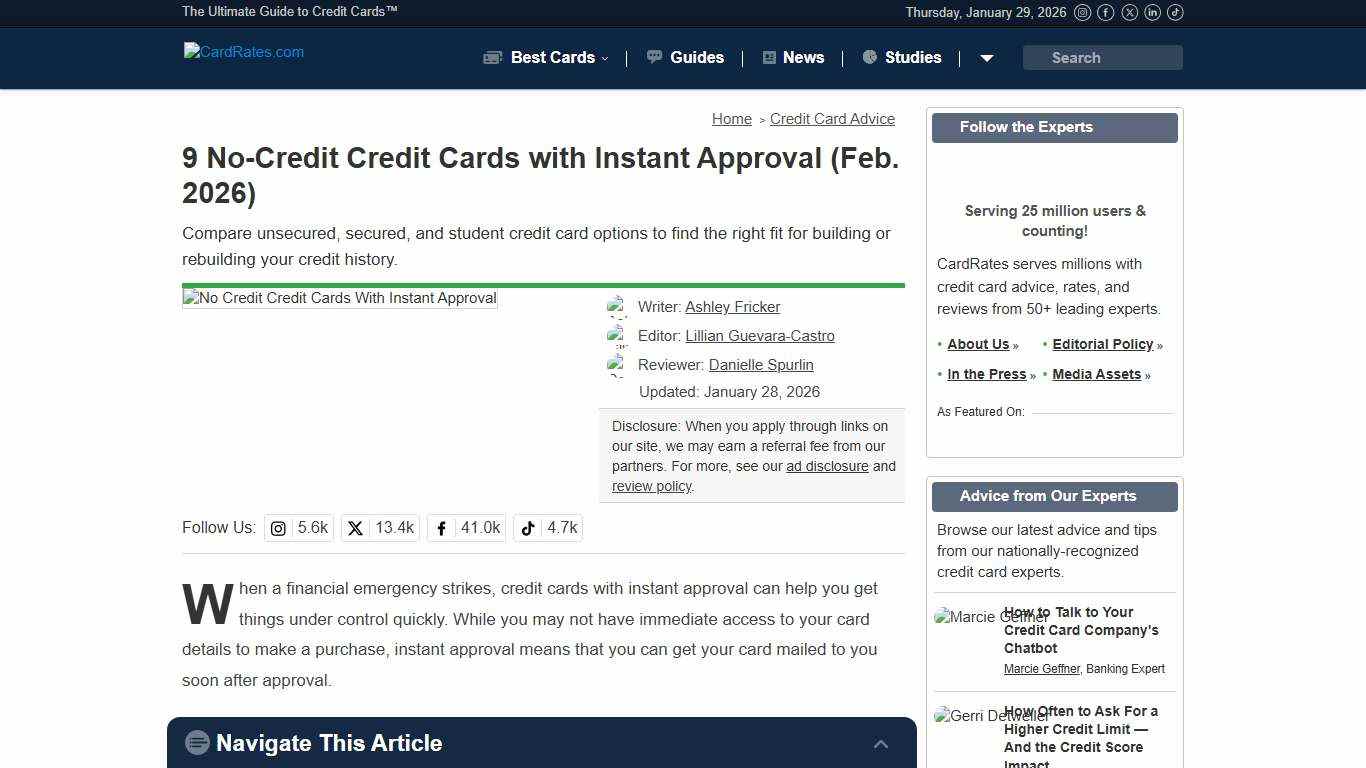 9 No-Credit Credit Cards with Instant Approval (Feb. 2026)